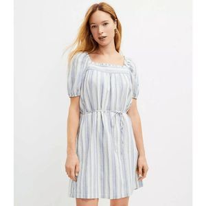 Loft Striped Square Neck Shift Dress Blue‎ White Linen Blend Size M MISSING BELT